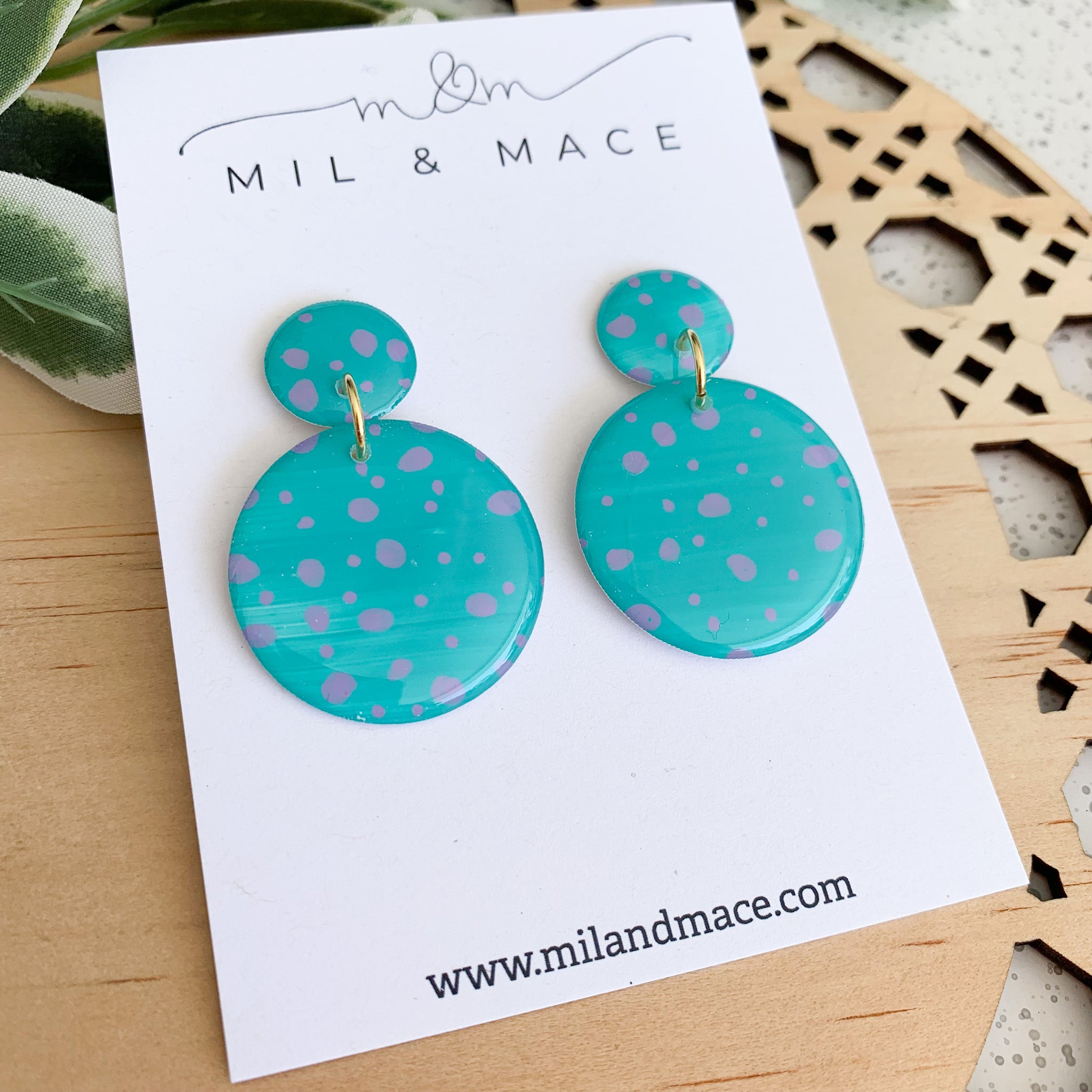 Teal and Purple Spot 30mm Round Handpainted Dangle Earrings