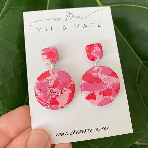 Pink and Red Splash Polymer Clay Dangle Earrings with Resin