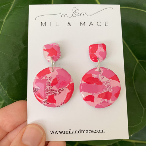Pink and Red Splash Polymer Clay Dangle Earrings with Resin