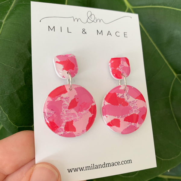 Pink and Red Splash Polymer Clay Dangle Earrings with Resin