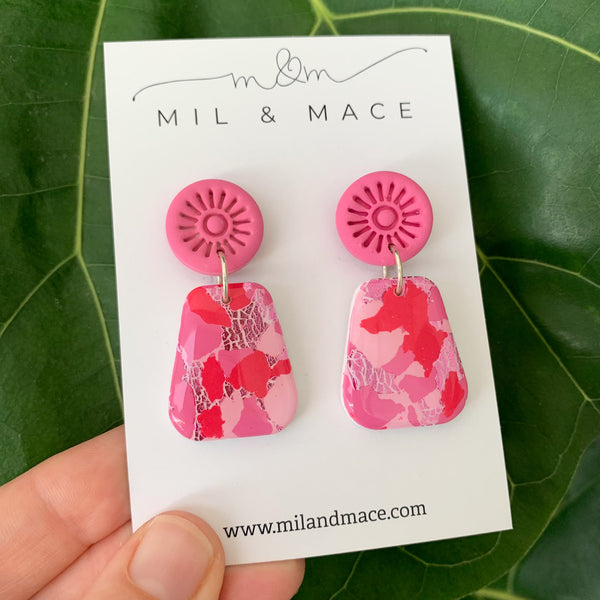 Pink and Red Splash Polymer Clay Dangle Earrings with Resin