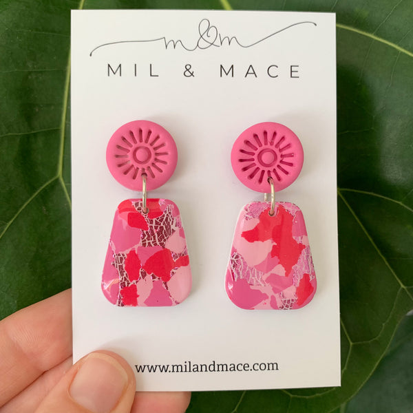 Pink and Red Splash Polymer Clay Dangle Earrings with Resin