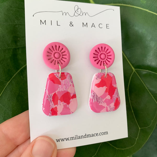 Pink and Red Splash Polymer Clay Dangle Earrings with Resin