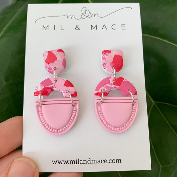 Pink and Red Splash Polymer Clay Dangle Earrings