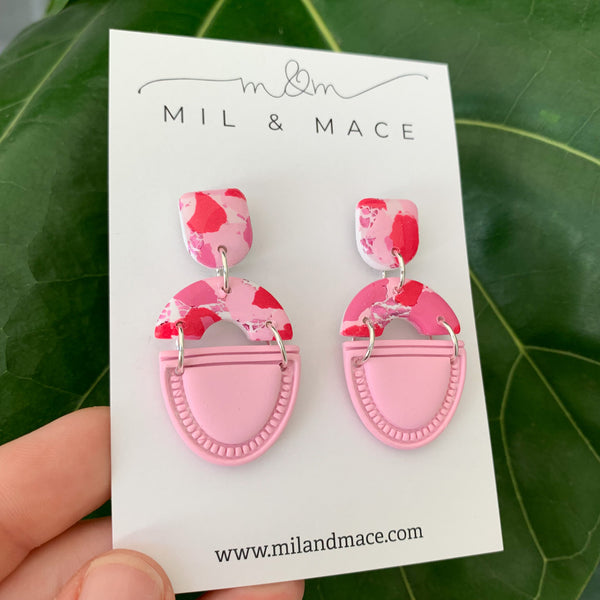 Pink and Red Splash Polymer Clay Dangle Earrings