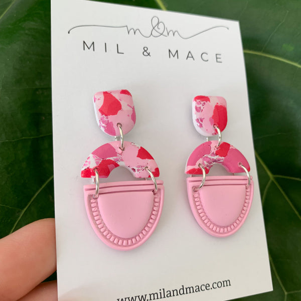 Pink and Red Splash Polymer Clay Dangle Earrings