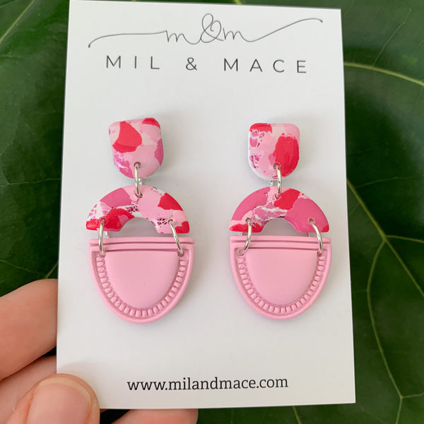 Pink and Red Splash Polymer Clay Dangle Earrings