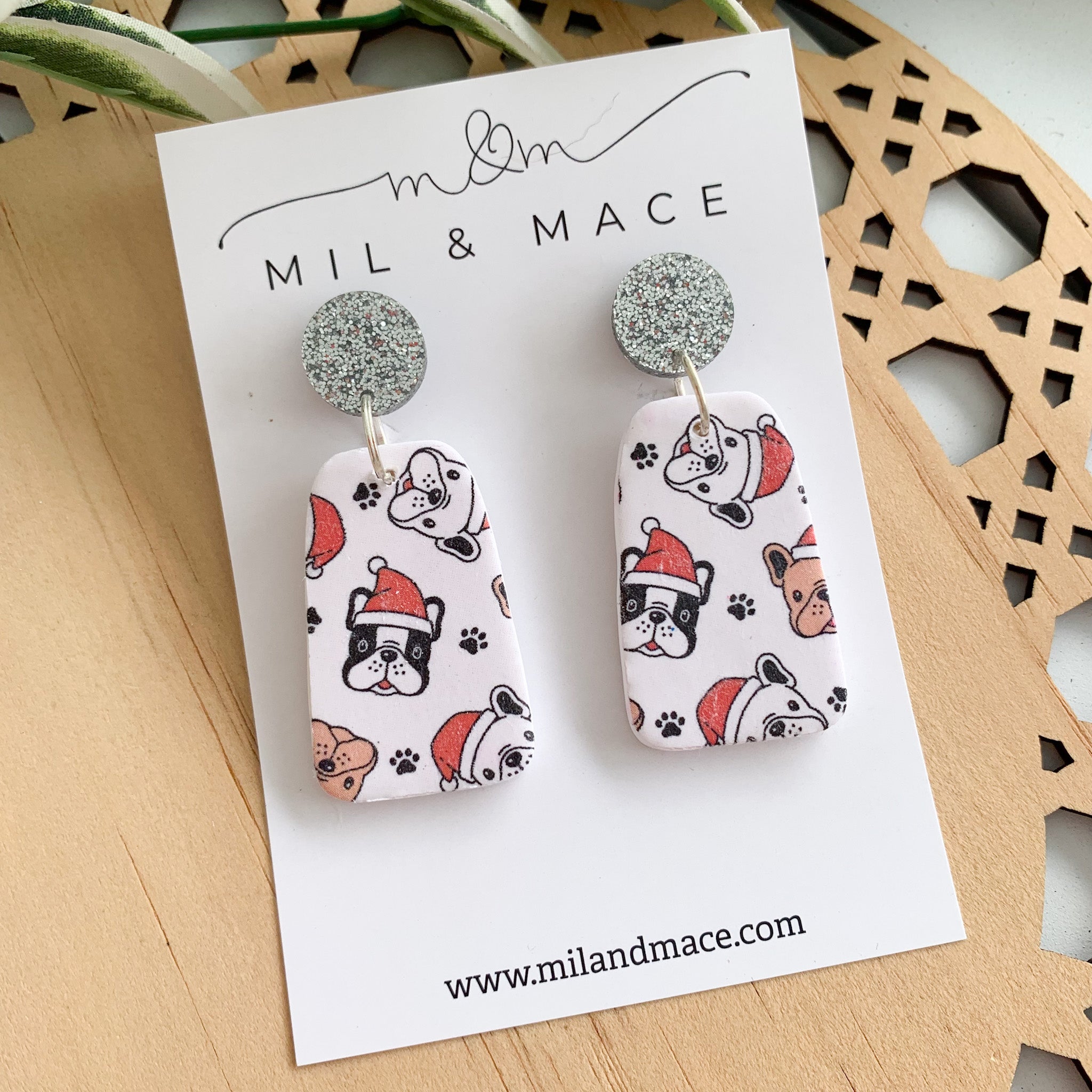 Christmas Puppies Polymer Clay Dangle Earrings