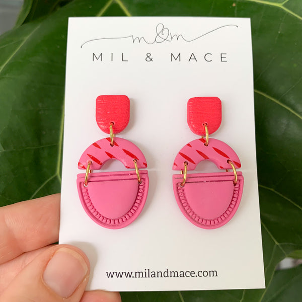Candy Pink and Red Polymer Clay Dangle Earrings