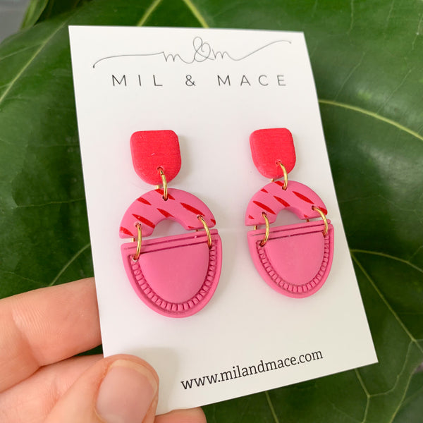 Candy Pink and Red Polymer Clay Dangle Earrings