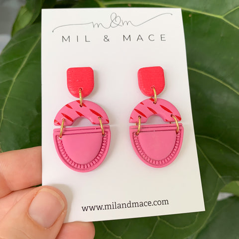 Candy Pink and Red Polymer Clay Dangle Earrings
