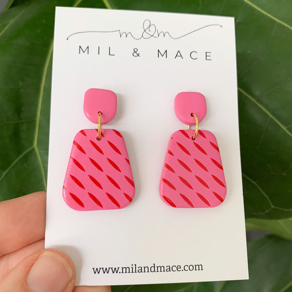 Candy Pink and Red Polymer Clay Dangle Earrings