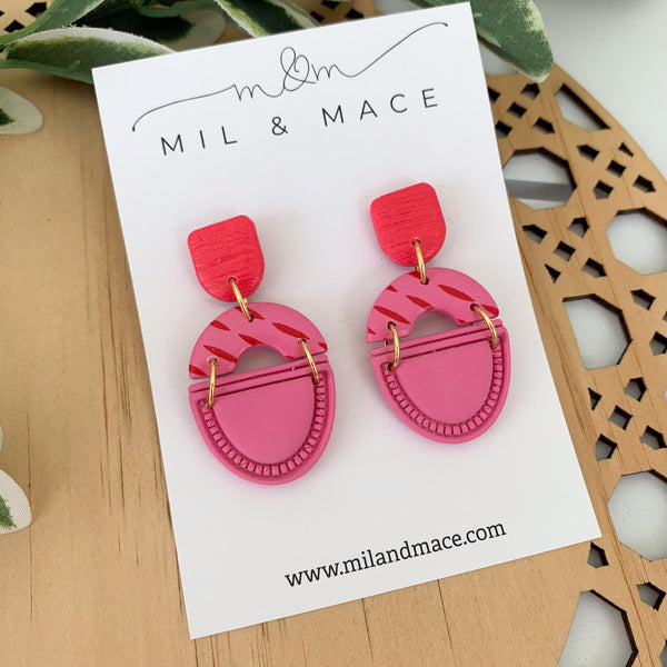 Candy Pink and Red Polymer Clay Dangle Earrings