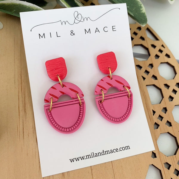 Candy Pink and Red Polymer Clay Dangle Earrings