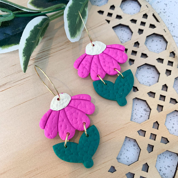 Cut Flowers Polymer Clay Dangle Hoop Earrings