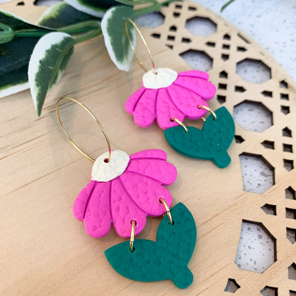 Cut Flowers Polymer Clay Dangle Hoop Earrings