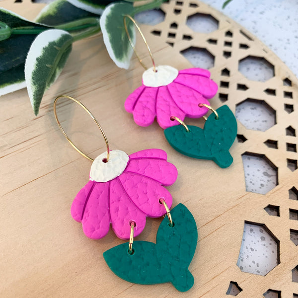 Cut Flowers Polymer Clay Dangle Hoop Earrings