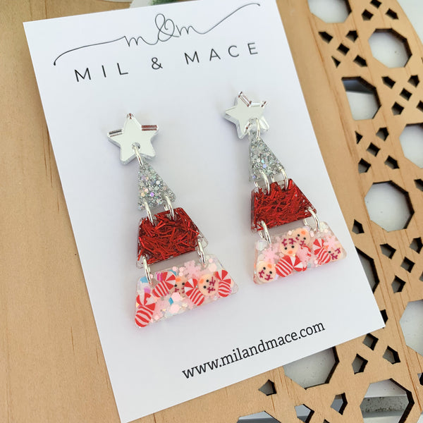 Tiered Christmas Tree Red and Silver Resin Dangle Earrings