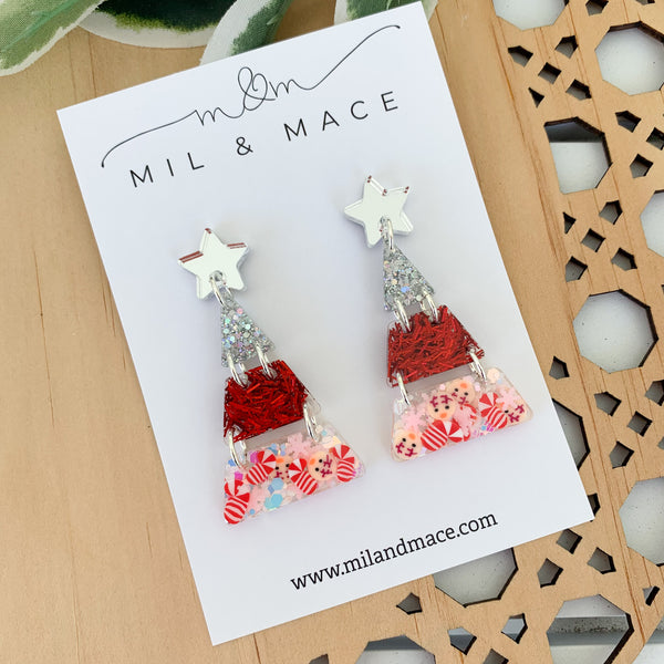 Tiered Christmas Tree Red and Silver Resin Dangle Earrings