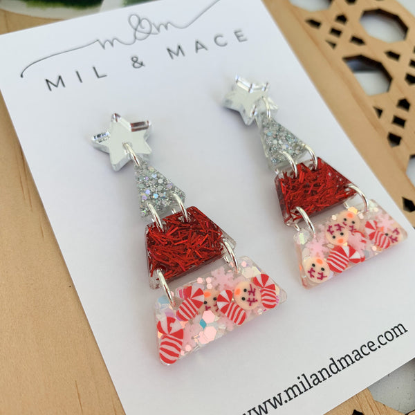 Tiered Christmas Tree Red and Silver Resin Dangle Earrings