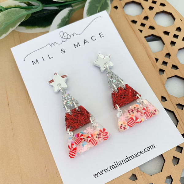 Tiered Christmas Tree Red and Silver Resin Dangle Earrings