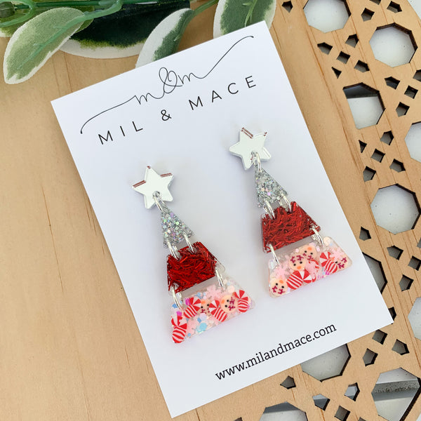 Tiered Christmas Tree Red and Silver Resin Dangle Earrings