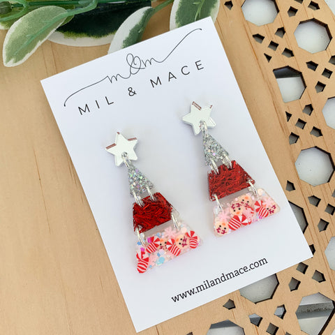 Tiered Christmas Tree Red and Silver Resin Dangle Earrings