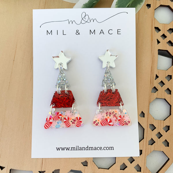 Tiered Christmas Tree Red and Silver Resin Dangle Earrings