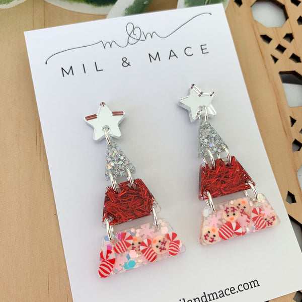 Tiered Christmas Tree Red and Silver Resin Dangle Earrings