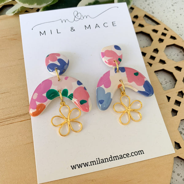 Abstract Flower Polymer Clay and Resin Dangle Earrings