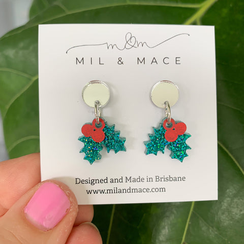 Christmas Holly Mini 17mm Acrylic Dangle Earrings