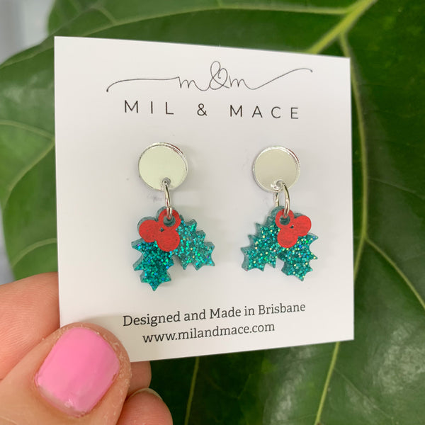 Christmas Holly Mini 17mm Acrylic Dangle Earrings