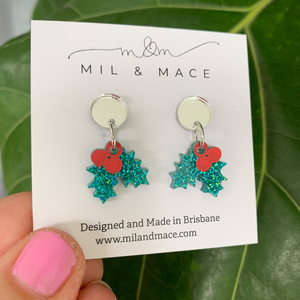 Christmas Holly Mini 17mm Acrylic Dangle Earrings