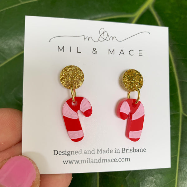 Christmas Candy Cane Mini 17mm Acrylic Dangle Earrings