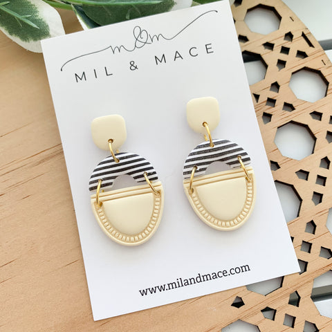 Yellow and Black and White Stripe Polymer Clay Dangle Earrings