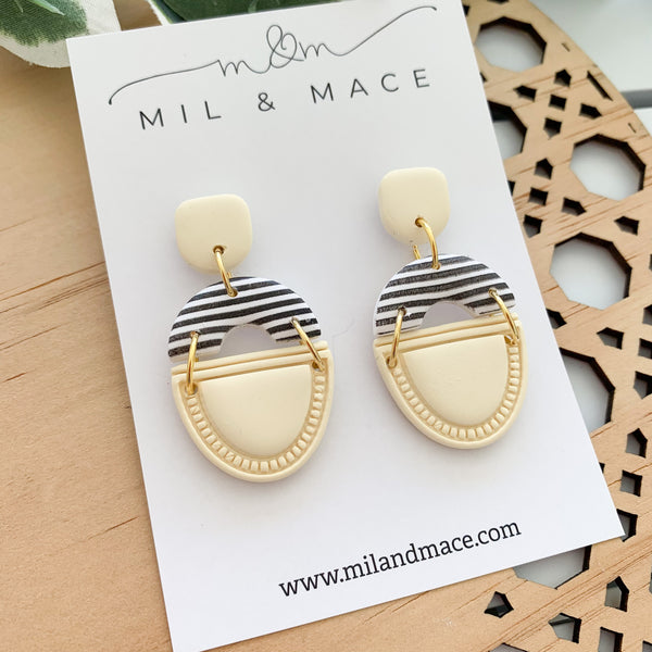 Yellow and Black and White Stripe Polymer Clay Dangle Earrings