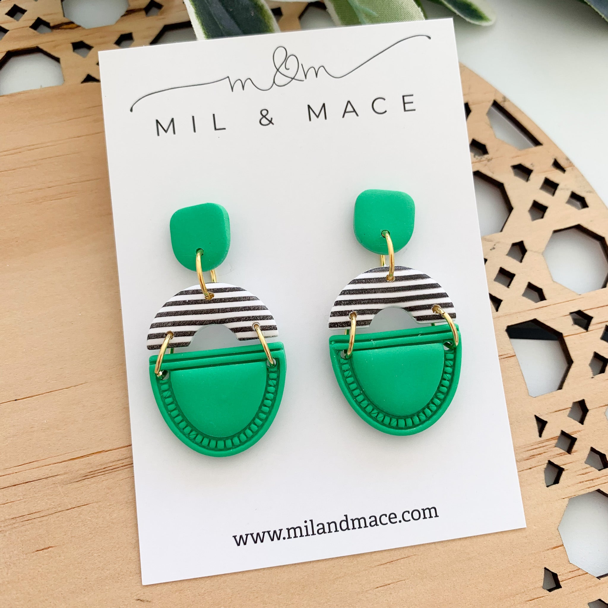 Green and Black and White Stripe Polymer Clay Dangle Earrings