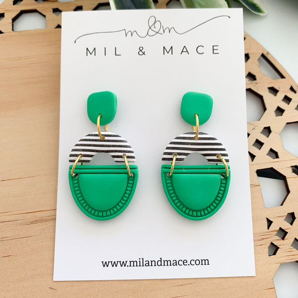 Green and Black and White Stripe Polymer Clay Dangle Earrings