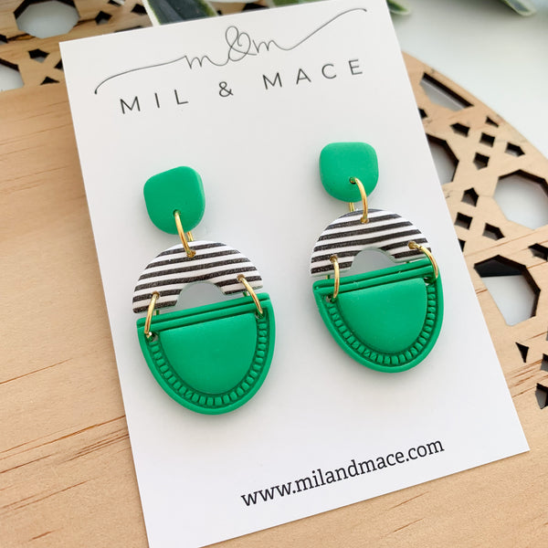 Green and Black and White Stripe Polymer Clay Dangle Earrings