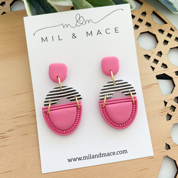 Pink and Black and White Stripe Polymer Clay Dangle Earrings