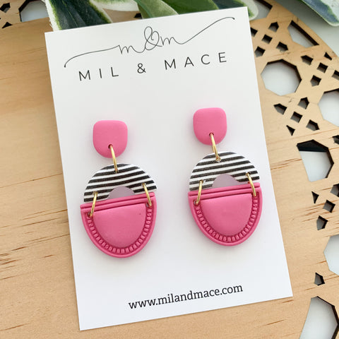 Pink and Black and White Stripe Polymer Clay Dangle Earrings