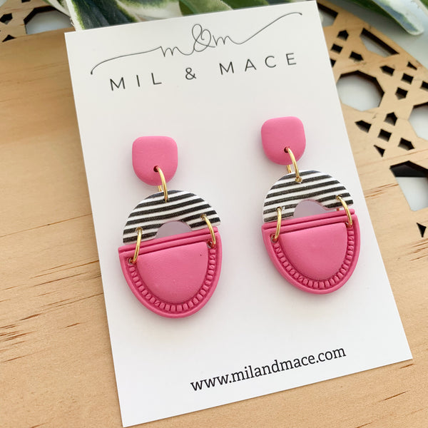 Pink and Black and White Stripe Polymer Clay Dangle Earrings