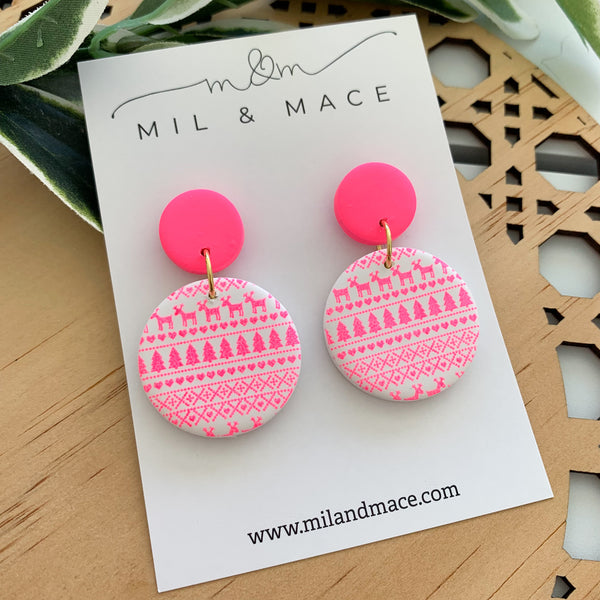 Christmas Pink Polymer Clay Dangle Earrings