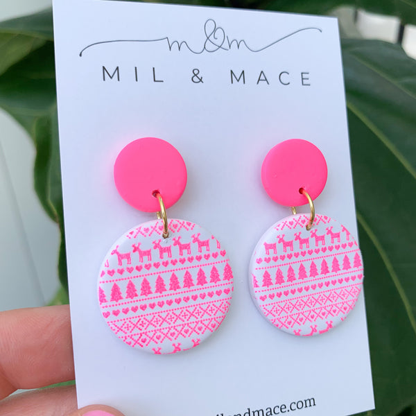 Christmas Pink Polymer Clay Dangle Earrings