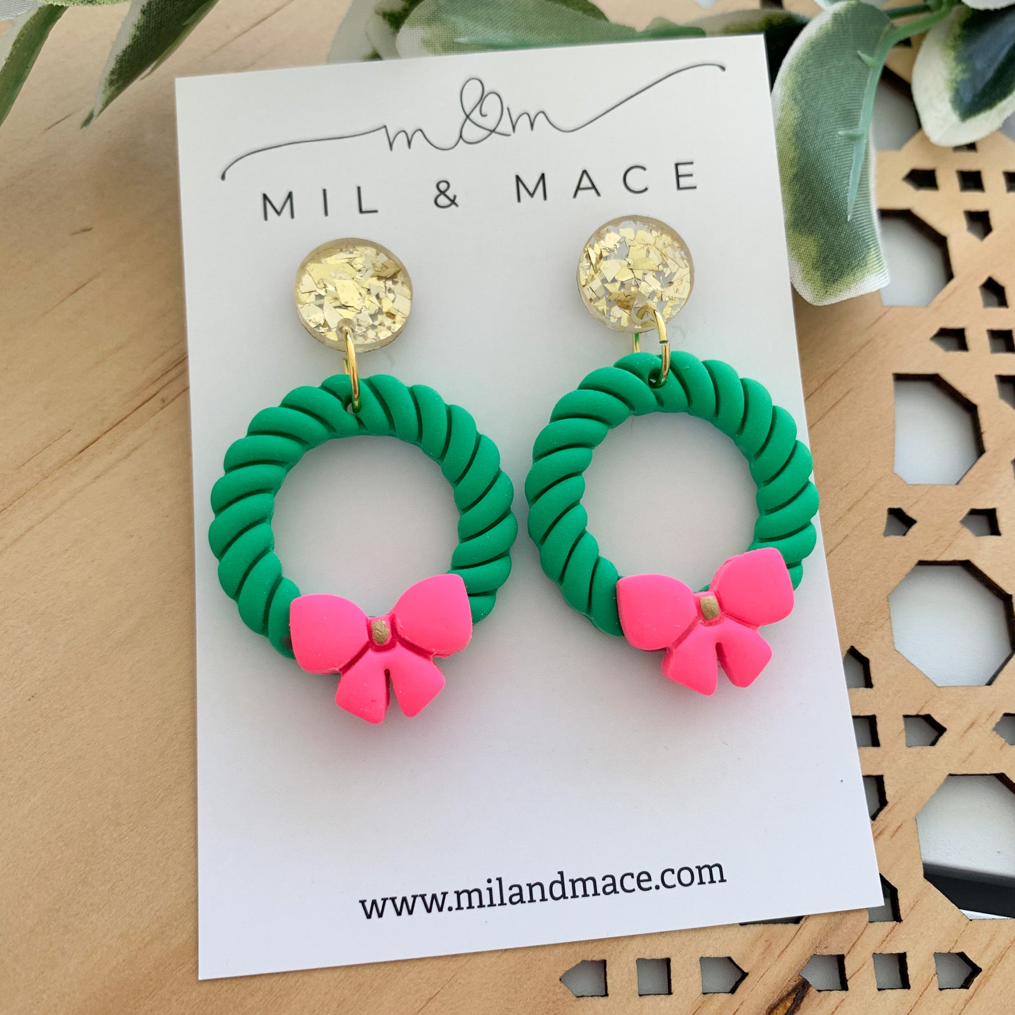 Green Wreath Polymer Clay Dangle Earrings