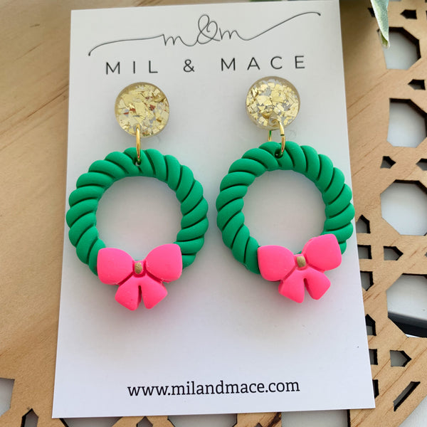 Green Wreath Polymer Clay Dangle Earrings