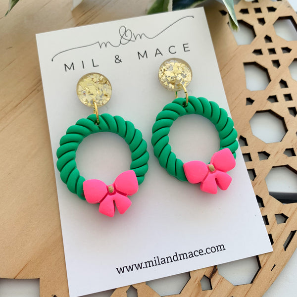 Green Wreath Polymer Clay Dangle Earrings