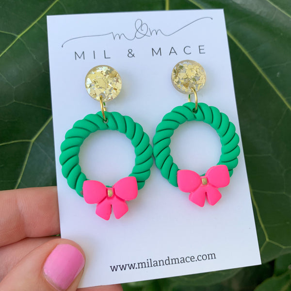 Green Wreath Polymer Clay Dangle Earrings