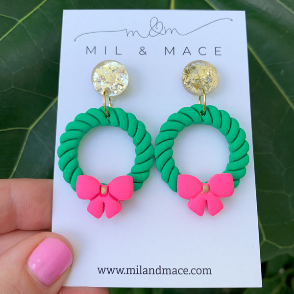 Green Wreath Polymer Clay Dangle Earrings