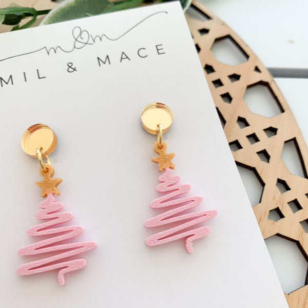 Pink Christmas Trees 3D Printed Dangle Earrings